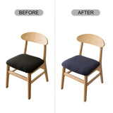 Four navy blue jacquard stretch dining chair seat covers with anti-slip straps laid flat and fitted on chairs - view 7