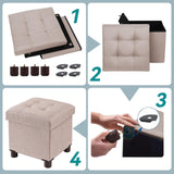 Small square khaki linen storage ottoman with wood legs and reversible lid, 12.6 inches, folded flat beside a living room sofa - view 4