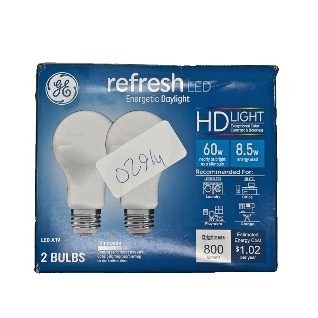 GE Refresh HD A19 LED daylight bulbs 2-pack, frosted glass standard shape, 800 lumens 8.5W 60W replacement
