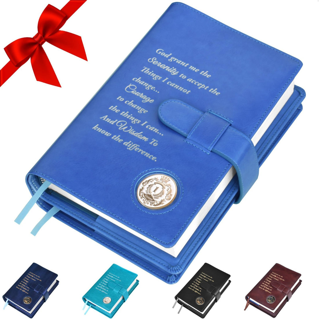 Galileo sky blue faux leather double book cover holding AA Big Book and 12 Steps 12 Traditions with embossed silver Serenity Prayer