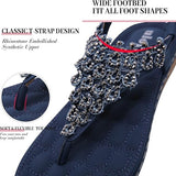 Women's navy blue flat thong sandals with hand-stitched rhinestone T-strap and elastic sling-back, boho rhinestone sandals - view 2