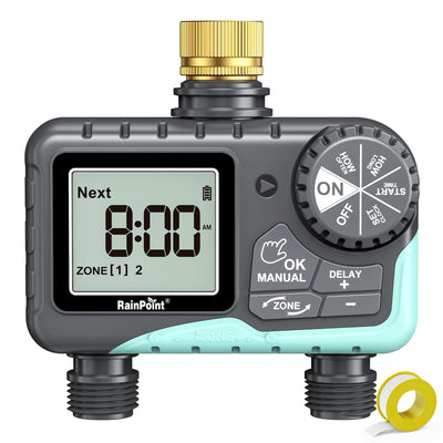 RAINPOINT blue 2-outlet hose sprinkler timer with digital display, 2-zone programmable water timer for garden irrigation
