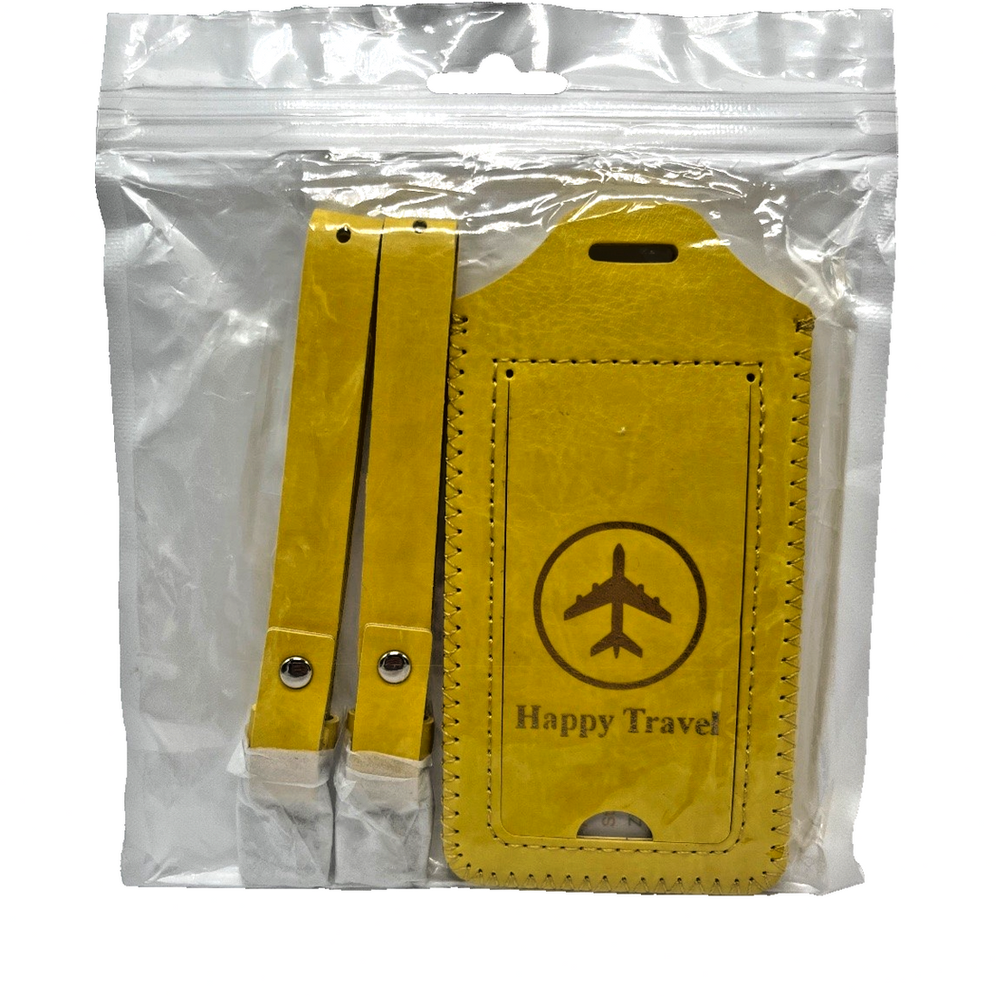 Two yellow leather luggage tags with privacy cover flap and airplane embossing, shown with adjustable snap attachment straps