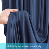 Four navy blue silky backdrop curtain panels 5x12 feet hung on a rod, showing smooth wrinkle-free drape for wedding or photo booth use - view 8