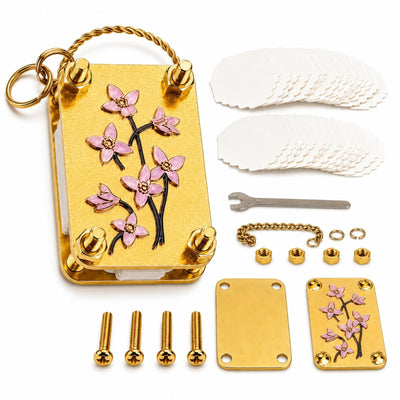 Blue metal mini flower press keychain kit shown with 20 specimen papers and 2 embossing plates, measuring 1.96x1.38 inches