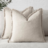 Set of 2 beige linen tassel fringe throw pillow covers 20x20 inches with zipper closure in boho farmhouse style