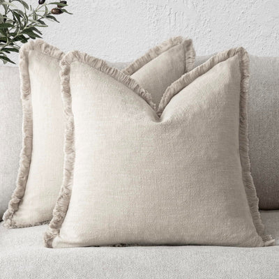Set of 2 beige linen tassel fringe throw pillow covers 20x20 inches with zipper closure in boho farmhouse style