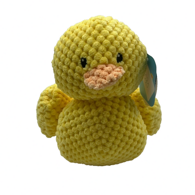 Gigglescape yellow knit duck plush stuffed animal with peach beak and embroidered eyes, crochet-style texture