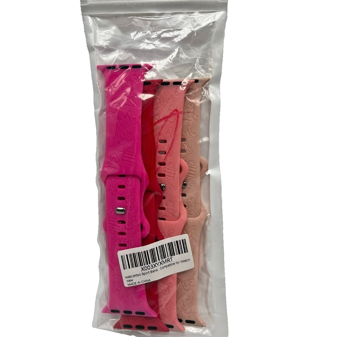 Four silicone sport watch bands in pink, red, hot pink, and beige with engraved fairy tale pattern for 38mm 40mm 41mm Apple Watch