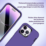 Wollony purple iPhone 14 Pro heavy duty case with tempered glass screen protector, camera lens cover, and silicone wrist bracelet - view 3