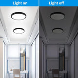 Four HOVENLA black 7-inch LED flush mount ceiling lights 18W 6500K shown individually and installed on ceiling - view 5