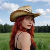 Khaki raffia woven wide brim straw cowboy hat with decorative band, unisex western sun hat by Erocalli - view 2