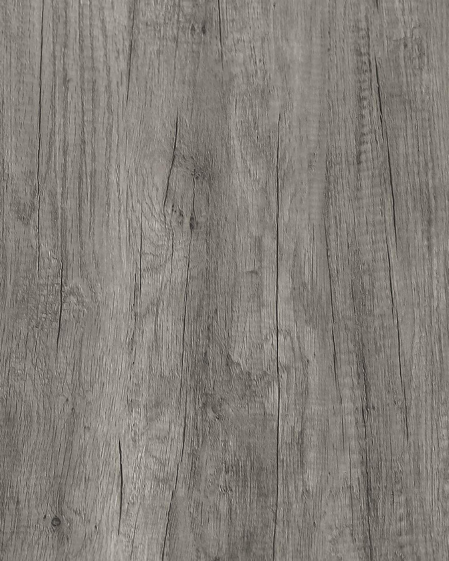Roll of QIMAY grey wood grain peel-and-stick contact paper showing realistic matte wood texture, 15.7 by 78.7 inches