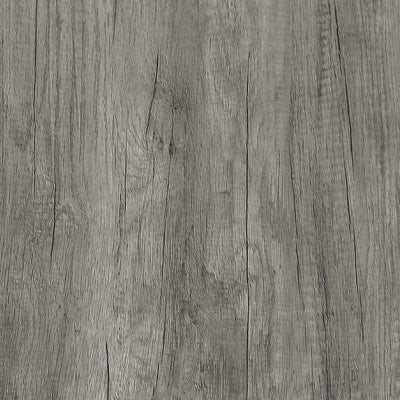 Roll of QIMAY grey wood grain peel-and-stick contact paper showing realistic matte wood texture, 15.7 by 78.7 inches