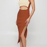 Women wearing red sleeveless ribbed bodycon midi dress with square neck and cutout front detail by Duigluw - view 3