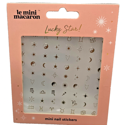 Le Mini Macaron Lucky Star nail sticker sheet with metallic gold zodiac signs, stars, moons, and celestial designs