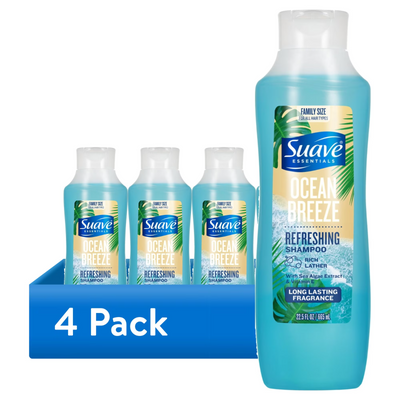 Four bottles of Suave Ocean Breeze Refreshing Shampoo 22.5 oz each, sea algae and vitamin E formula, 4-pack