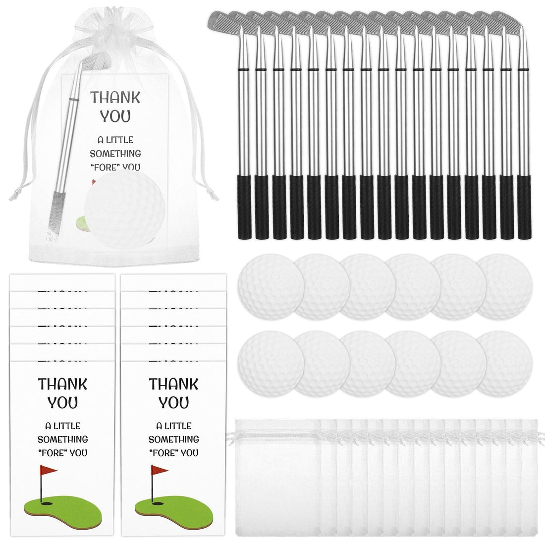24 golf club shaped ballpoint pens, notepads, organza bags, and thank-you cards arranged as party favor sets
