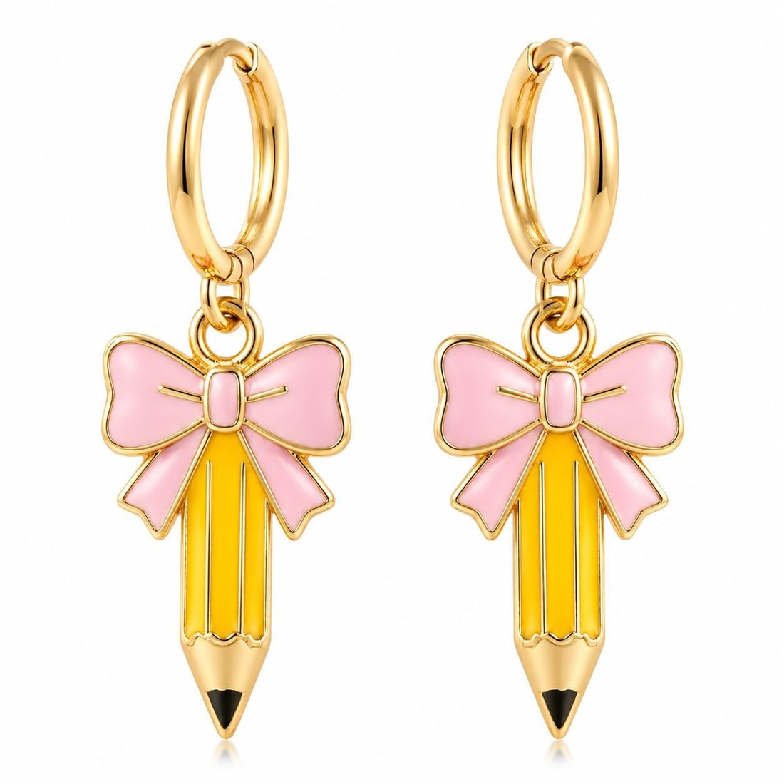 Gold-tone pencil-shaped hoop earrings displayed on white background, cute teacher gift school jewelry