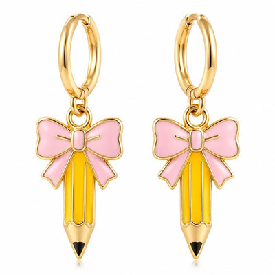 Gold-tone pencil-shaped hoop earrings displayed on white background, cute teacher gift school jewelry