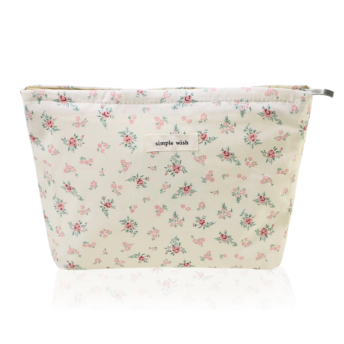 Beige floral corduroy makeup bag with zip closure, 10.5x7.5 inches, shown open displaying canvas interior