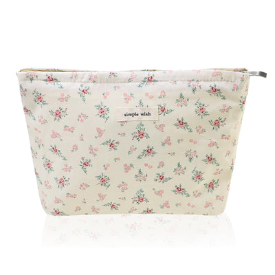 Beige floral corduroy makeup bag with zip closure, 10.5x7.5 inches, shown open displaying canvas interior