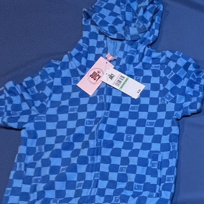 Juicy Couture short sleeve zip hoodie in blue checkered terry cloth with logo embroidery, size XS, new with tags