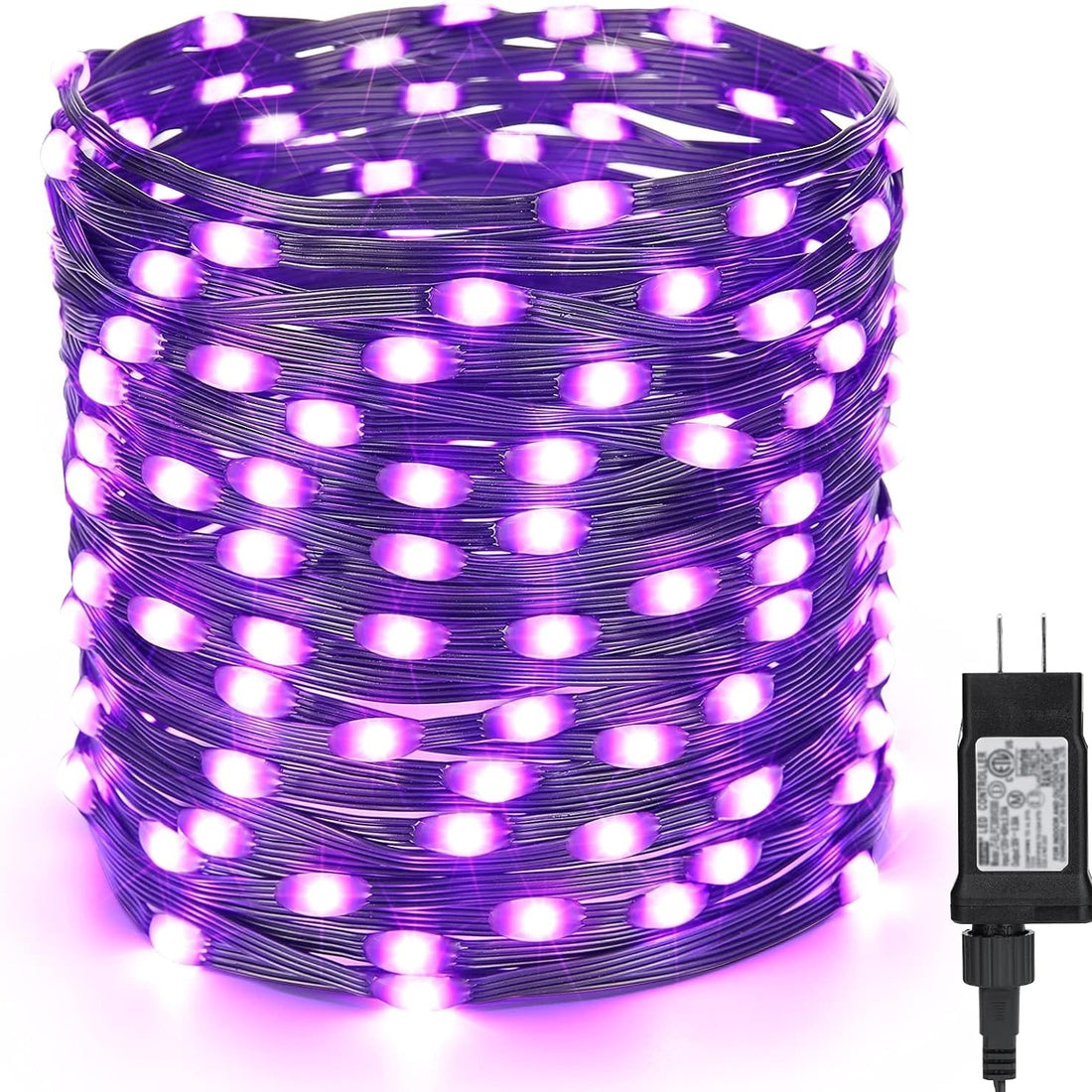 Brizled 200 LED purple Halloween string lights on black PVC wire spanning 72 feet outdoors at night