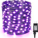 Brizled 200 LED purple Halloween string lights on black PVC wire spanning 72 feet outdoors at night