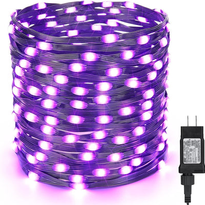 Brizled 200 LED purple Halloween string lights on black PVC wire spanning 72 feet outdoors at night