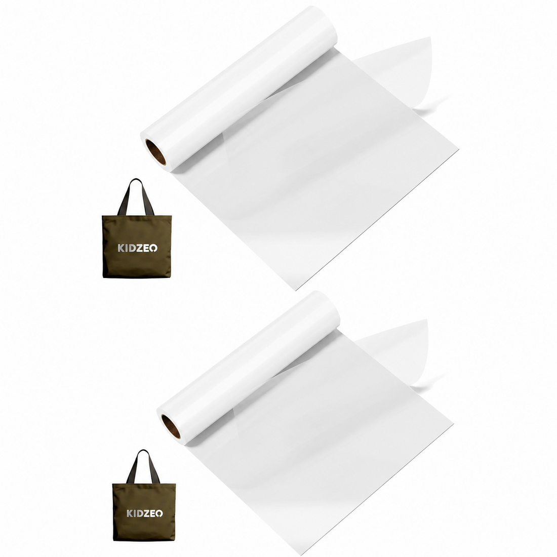Two rolls of Loffa white heat transfer vinyl 12 inches by 8 feet each, shown unrolled on flat surface for iron-on fabric crafting