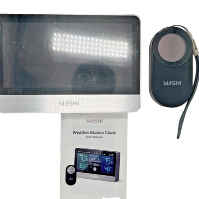 MASHI W872 wireless weather station with 8.8-inch color HD display showing temperature, humidity, and forecast icons, silver plastic housing