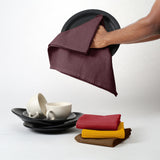 Four waffle weave cotton kitchen dish towels in brown, burgundy, red, and mustard, each 16x26 inches with hanging loop - view 6