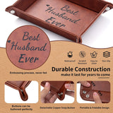 Brown PU leather valet tray embossed with Best Husband Ever text, matching keychain, and gift bag on display - view 4