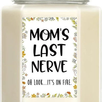 White glass jar candle with Mom's Last Nerve humorous label, lavender scented soy wax, 8oz size