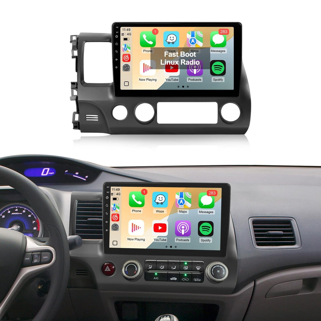 Leadfan 10.1-inch double din car radio touchscreen head unit for Honda Civic 2006 to 2011 with CarPlay display