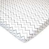 Three folded gray star and zigzag print fitted mini crib sheets 24x38 inch by American Baby Company in packaging - view 6