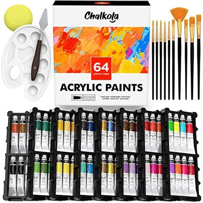 Chalkola acrylic paint set with 64 labeled 22ml tubes, 10 brushes, palette, sponge, and paint knife laid out flat