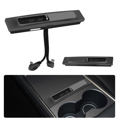 Hodozzy black ABS 3-port USB-C fast charging hub docking station installed in Tesla 2021+ center console