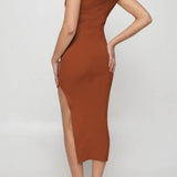 Chestnut ribbed sleeveless bodycon midi dress with square neckline, backless cutout detail, and side slit by Duigluw - view 5