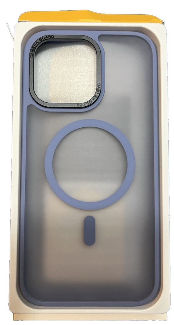 Vooii translucent blue slim TPU MagSafe case for iPhone 15 Pro Max showing raised bezels and magnet ring
