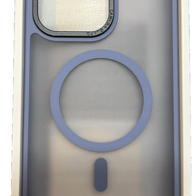 Vooii translucent blue slim TPU MagSafe case for iPhone 15 Pro Max showing raised bezels and magnet ring