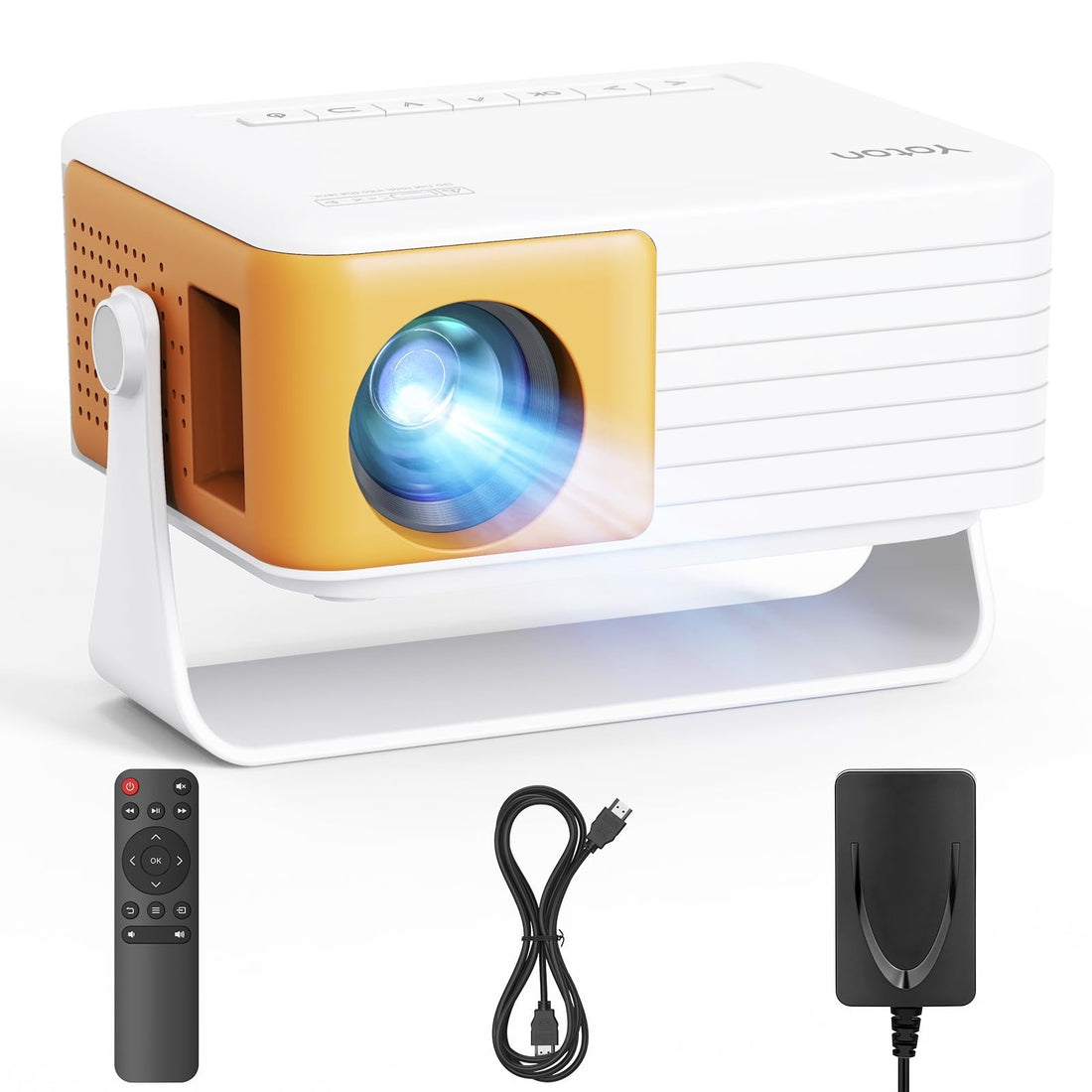 YOTON Y3 yellow mini projector with 360-degree rotating stand, compact 317g portable home theater projector