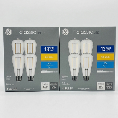 Two GE Classic ST19 clear decorative LED light bulbs with E26 medium base, 60W equivalent soft white, 2-pack packaging