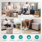 Small square khaki linen storage ottoman with wood legs and reversible lid, 12.6 inches, folded flat beside a living room sofa - view 7