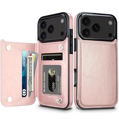 Hiandier rose gold PU leather wallet flip case for iPhone 17 Pro with card slots and magnetic closure shown closed and open