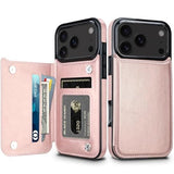 Hiandier rose gold PU leather wallet flip case for iPhone 17 Pro with card slots and magnetic closure shown closed and open