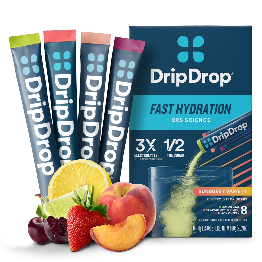 DripDrop Sunburst electrolyte powder stick packs in lemon lime, strawberry, peach, and black cherry flavors, 8-count box