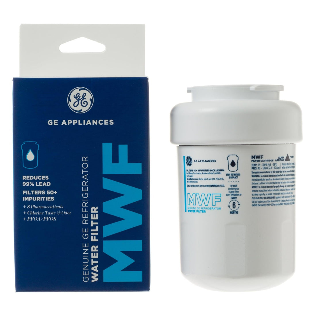 GE MWF genuine white refrigerator water filter, NSF 42 and 53 certified, compatible with French door and side-by-side models