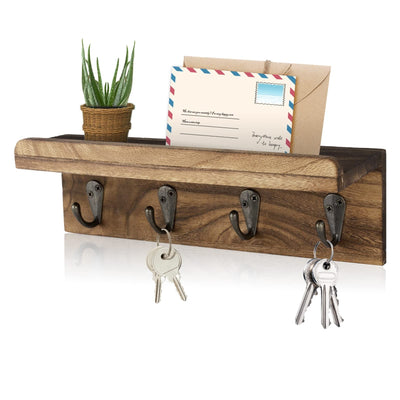 HRONRAD rustic brown wood wall-mount key holder with L-shape floating shelf and 4 metal hooks for entryway